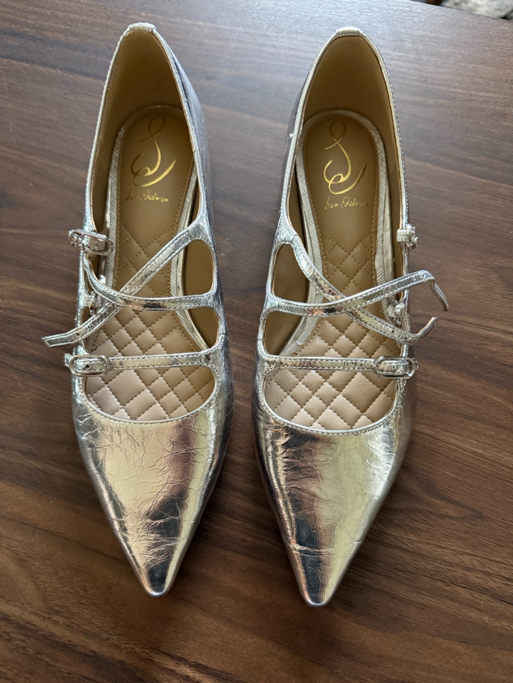 Sam Edelman Metallic Silver Pointed Mary Jane Flats with Quilted Vamp